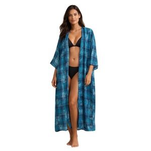 Ribbons & Spice Teal Plaid Floral Kimono Duster Cardigan Cover Up S/M USA Made
